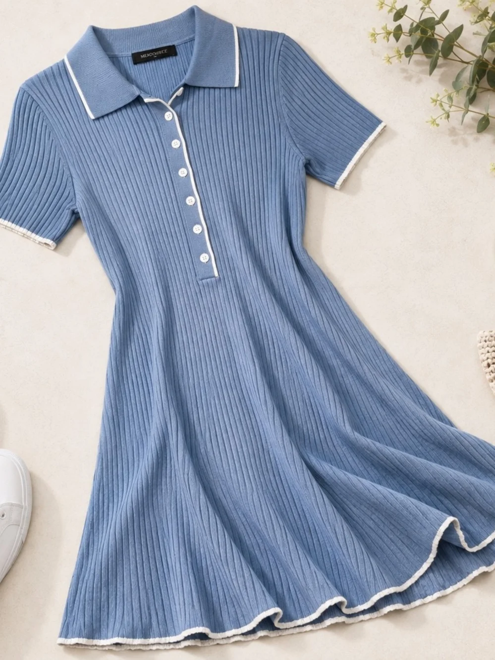 Blue Ribbed Knit Dress White Trim Collared Flare Midi Maxi Coastal Preppy - Picture 2 of 8